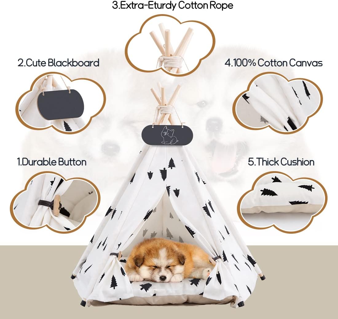 Pet Teepee Tent for Dogs & Cats Dog Bed with Thick Cushion Puppies Play House Removable and Washable