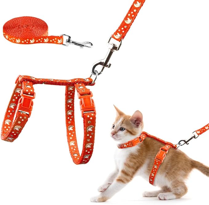 Cat Harness and Leash Set Gold Moons Soft Nylon Escape Proof Adjustable for Kittens Small Animals Glow in The Dark(Orange)
