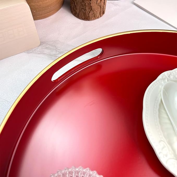 Red Decorative Tray, Serving Tray with Handles, Round Decorative Tray for Coffee Table, 13 Inch Plastic Tray for Ottoman, Living Room, Bathroom, Home Decor.