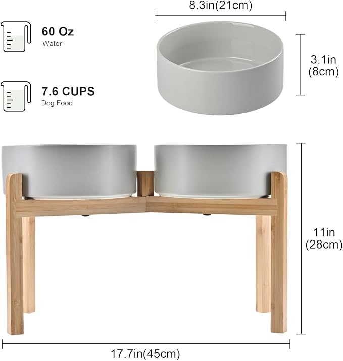 SPUNKYJUNKY Elevated Dog Bowls Ceramic, 8.3'' Dogs Food Water Bowls Raised with Non-Slip Bamboo Stand for Large Sized Breed Microwave Dishwasher Safe - 60 OZ,Grey