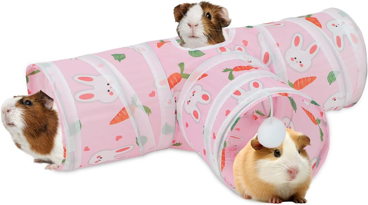 Rypet Guinea Pig Tunnel 3 Way Collapsible Small Pet Tunnels and Tubes with Interactive Ball for Baby Rabbit Ferret Hamster Chinchilla Hedgehog Hiding and Resting-Pink
