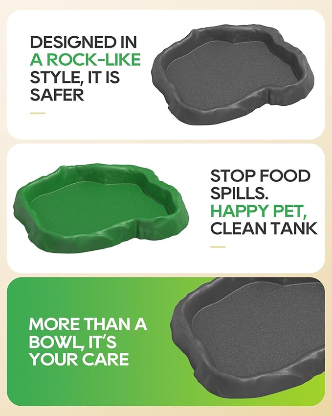 2Pcs Snail Food and Water Bowl, Reptile Water Dish and Food Bowl, Natural Design Terrarium Feeding Dish for Garden Snails, Hermit Crab, Lizard, Frog, Gecko (Black)