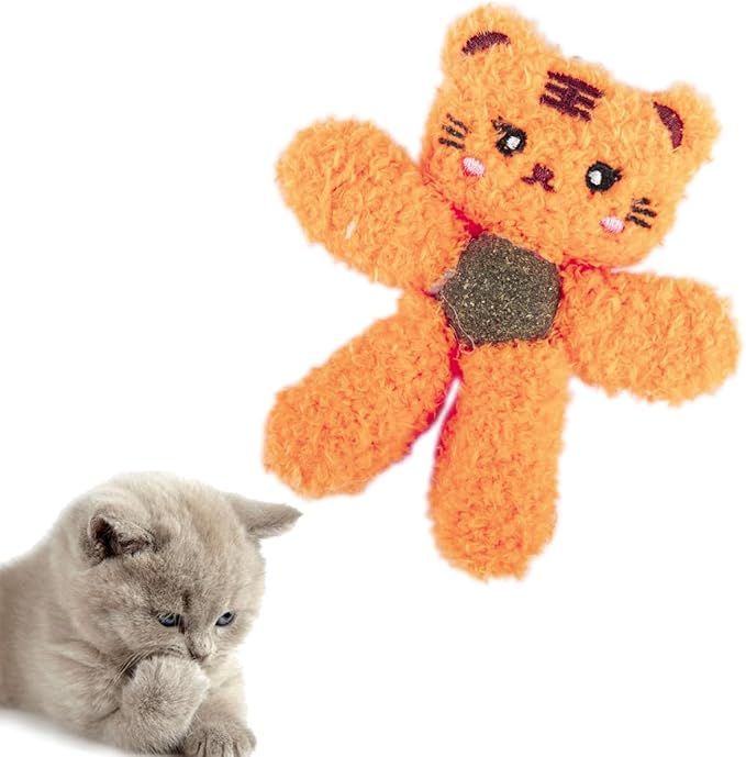 Cat Toys with Catnip Kitten Chew Bite Supplies Boredom Relief Fluffy Kitty Teeth Cleaning Chewing Cat Lovers Interactive Plush Gift (Tiger)