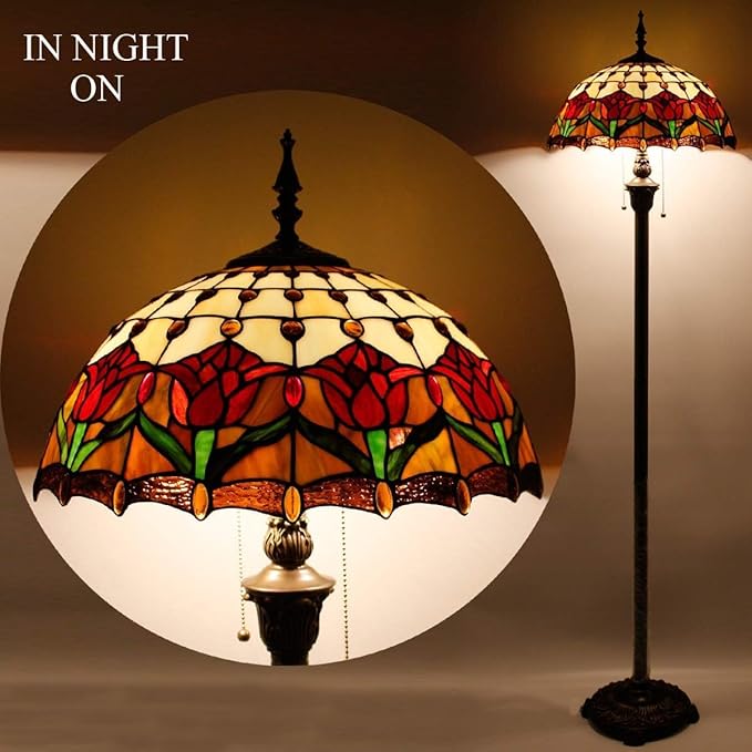 WERFACTORY Tiffany Floor Lamp Red Amber Tulip Flower Stained Glass Standing Reading Light 16X16X64 Inches Antique Pole Corner Lamp Decor Bedroom Living Room Home Office S030 Series