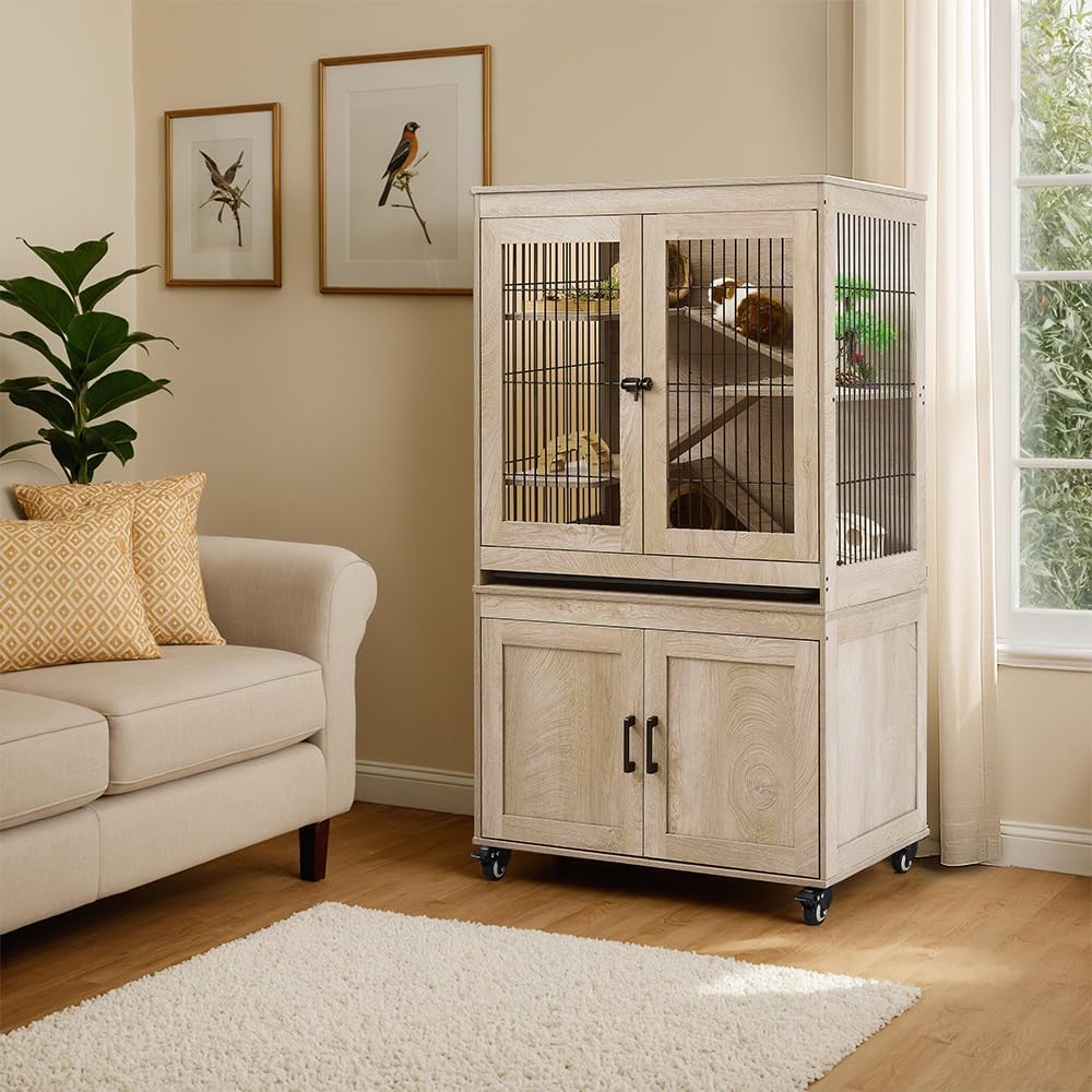 unipaws Ferret Cage with Storage, Large Vertical Hamster Cage, Iguana, Rabbits, Chinchillas, Pet Rats, Guinea Pigs - Multi-Level Small Animal Cage with Ramps, Platforms, and Wheels