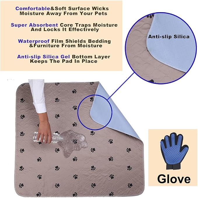 SincoPet Washable Dog Pee Pads with Puppy Grooming Gloves,Puppy Pads,Reusable Pet Training Pads,Large Dog Pee Pad,Waterproof Pet pads for dog Bed Mat,Super Absorbing Whelping Pads, Brown