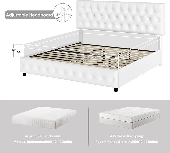 Keyluv Modern Upholstered Bed Frame with 4 Drawers, Button Tufted Headboard Design, Solid Wooden Slat Support, Easy Assembly, Queen Size, White