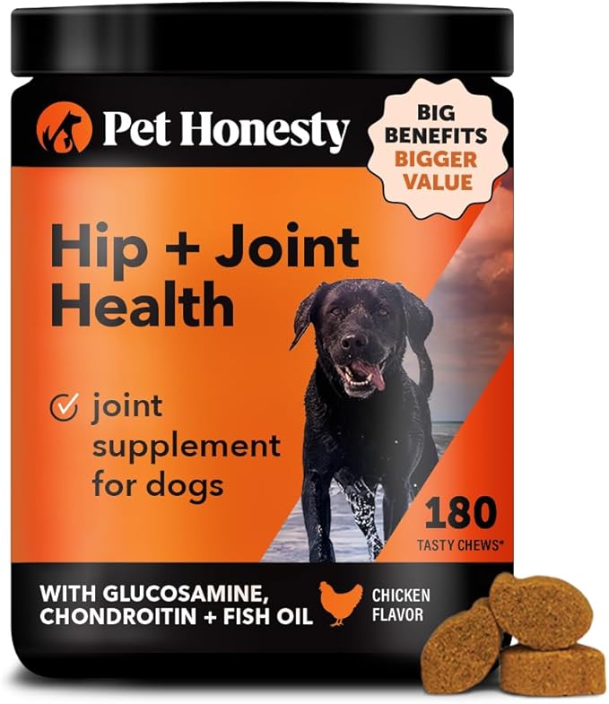 Pet Honesty Hip & Joint Health Soft Chews for Dogs, Joint Supplement with Glucosamine Chondroitin, MSM, Turmeric, Joint Support + Mobility, May Reduce Occasional Discomfort (Chicken 180 Count)