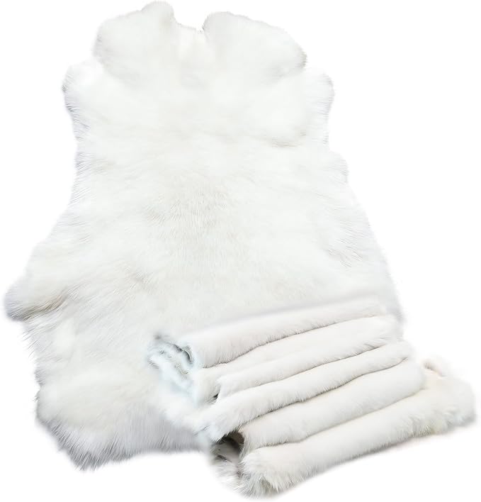 Craft Rabbit Fur Pelt Skin Genuine Tanned Animal Hide with Sewing Quality Leather 12" by 14" for Decoration DIY Crafts Cat Dog Toys Fur Fabric（5Pcs, White）