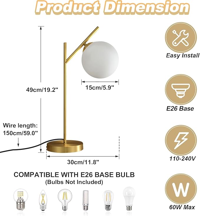 Mid Century Modern Table Lamp, 1 Light Brass Glass Globe Bedside Lamp, Contemporary Metal Table Lamp with Milky White Glass shadefor Bedroom Living Room Study Room