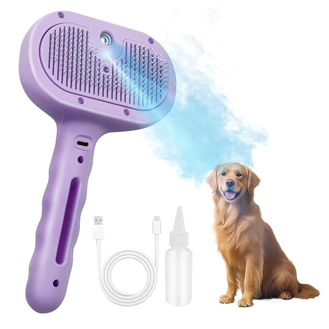 Dog Steam Brush 5 in 1 Cat Brush with Steam and Release Button Grooming Tool for Indoor Pets Dogs Hair Removal Shedding Water for Small Animals Long Short Haired(PURPLE)
