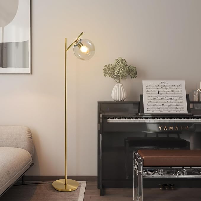Mid Century Modern Floor Lamp for Living Room Retro Vintage Brass Standing Light Industrial Cognac Glass Globe Floor Freestanding Lamp for Office Hotel Bedroom