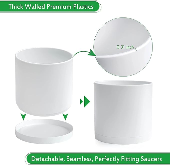D'vine Dev 10 Inch Plastic Planter Pots for Plant Pot with Drainage Hole and Seamless Saucers, White Color, 74-X-A-2