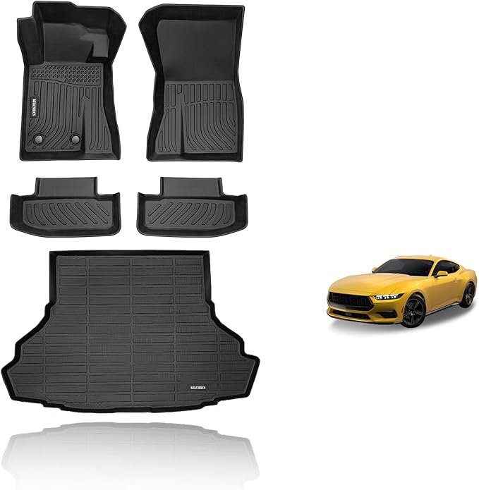 KELCSEECS Floor Mats & Cargo Liner Custom for Ford Mustang 2015-2026(NOT for Mustang Mach-E,Cargo Liner with Subwoofer),All Weather Protection Anti-Slip TPE Liners Full Set Mustang Accessories Black