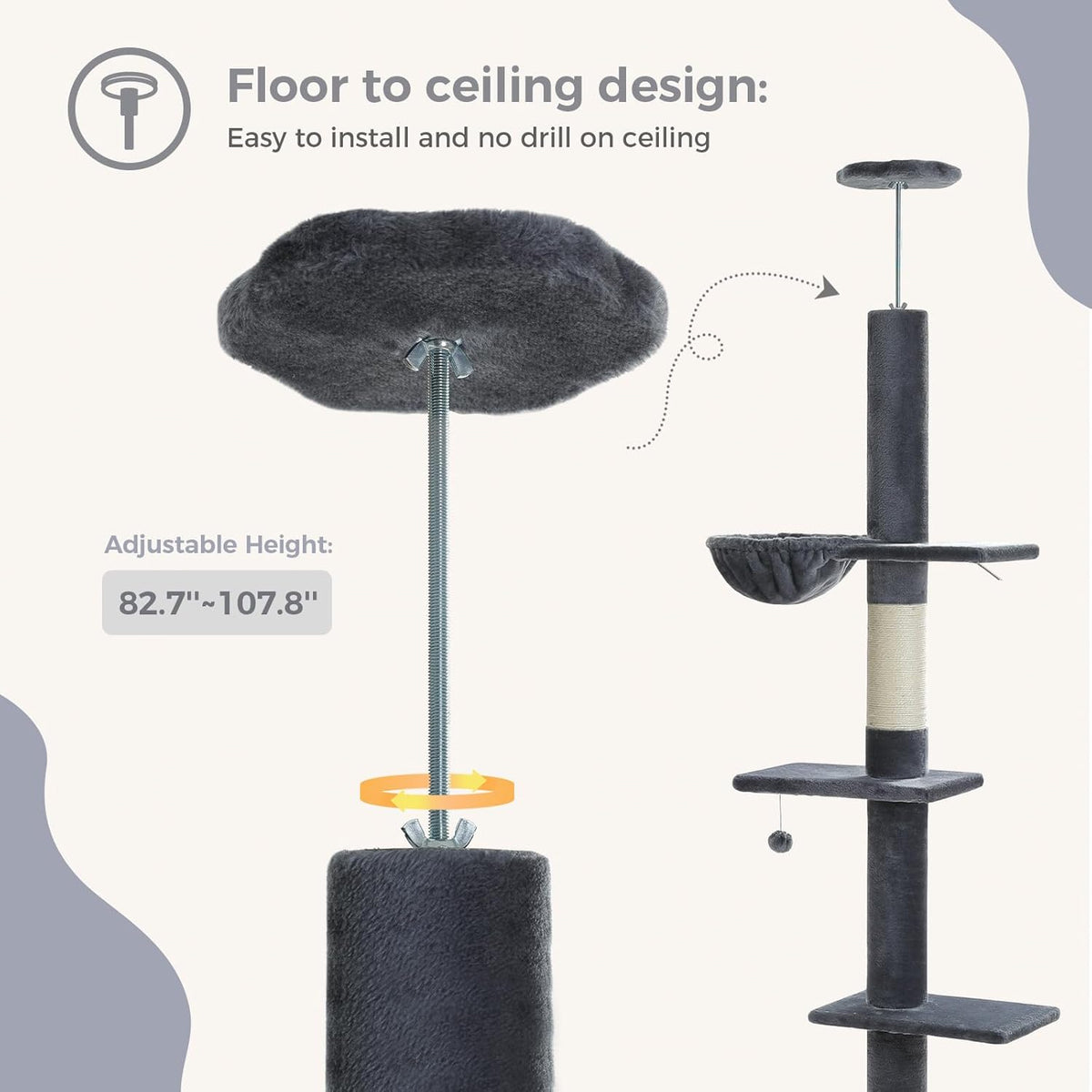 PEQULTI Floor to Ceiling Cat Tree, Tall Cat Tower, Adjustable Height (83''-108'') 5 Levels Climbing Tree for Indoor Cats with Cat Condo, Cozy Hammock and Scratching Post, Smoky Grey