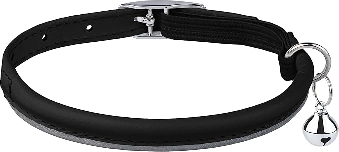 OOPSDOGGY Rolled Leather Cat Collar with Bell, Reflective Kitten Collars with Buckle Include Safety Elastic Strap - Adjustable Small Pet Collars for Boy Girl Cats (Black)