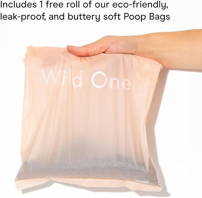 Wild One Dog Poop Bag Holder and Dispenser with Leash Attachment, Leak Proof, Easy Twist Top for Refills, Includes 1 Roll Bags, Spruce