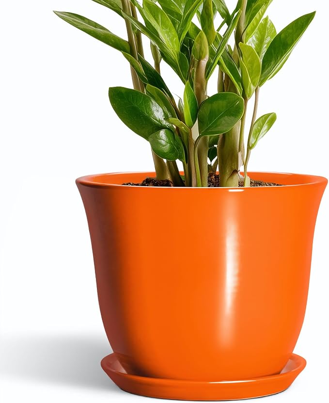 10 Inch Plant Pot - Ceramic Pots for Plants with Drainage Hole and Saucer, Round Planters for Indoor Outdoor Plants, Modern Decorative Planters, Room Home Decor, Gardening Gifts, Orange
