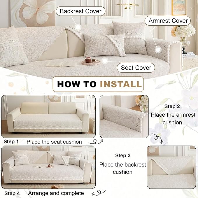 HANDONTIME Chenille Pet Couch Cover Floral Pattern – Soft Fringed Edges, Non-Slip Washable Sofa Slipcover, Jacquard Sofa Cushion Cover, Protects Furniture from Dogs, Cats & Kids (Khaki,35.4" x 94.5")