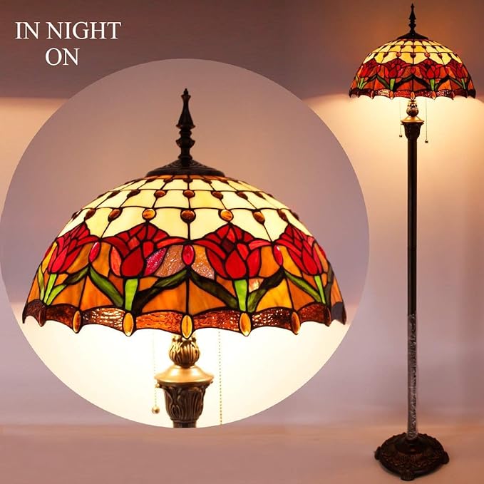 WERFACTORY Tiffany Floor Lamp Red Amber Tulip Flower Stained Glass Standing Reading Light 16X16X64 Inches Antique Pole Corner Lamp Decor Bedroom Living Room Home Office S030 Series