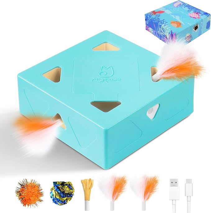 Migipaws MigiBox Cat Toy with PopSkin, Interactive Kitten Toy for Indoor Cats, Automatic Pop Out Feathers from 7 Holes Randomly, Pounce Mystery Under Cover to Stimulate Bored Furry, Rechargable