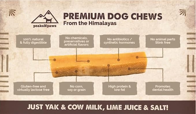 peaksNpaws Himalayan Dog Chews, High Protein Yak Cheese, Lactose Free, Natural Dog Treat, Long Lasting Chew Stick for Aggressive Chewers Over 80 lbs, 3 Jumbo Sticks, 100% Eco-Friendly Packaging