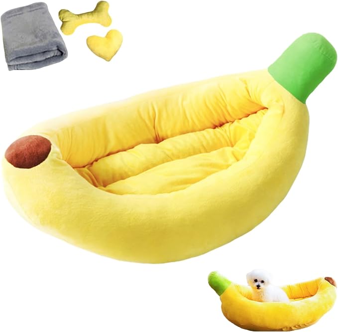 Banana Pet Bed for Small Dogs and Cats, Cozy Enclosed Calming Cave Bed with Removable Plush Cushion for Indoor Kittens Puppies Small Pets (Banana Bed + Mat + Bone Toy, Large)