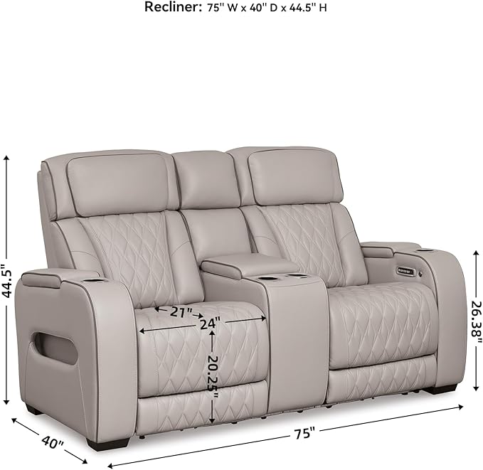 Signature Design by Ashley Boyington Contemporary Leather Match Power Reclining Loveseat with Console and USB Charging Ports, LED Lights and Adjustable Headrest, Light Gray