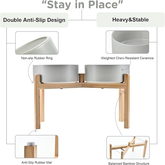 SPUNKYJUNKY Elevated Dog Bowls Ceramic, 8.3'' Dogs Food Water Bowls Raised with Non-Slip Bamboo Stand for Large Sized Breed Microwave Dishwasher Safe - 60 OZ,Grey