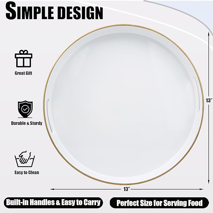 White Round Decorative Tray with Handles, 13" Elegant Coffee Table Serving Tray for Ottoman Living Room, Bathroom, Outdoors, Breakfast