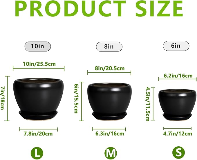 Ceramic Planters Pots - 10 Inch 8 Inch 6 Inch Plant Pots Indoor with Drainage Holes and Saucers Large Planters Mid-Century Flower Pots Outdoor Set of 3 Black