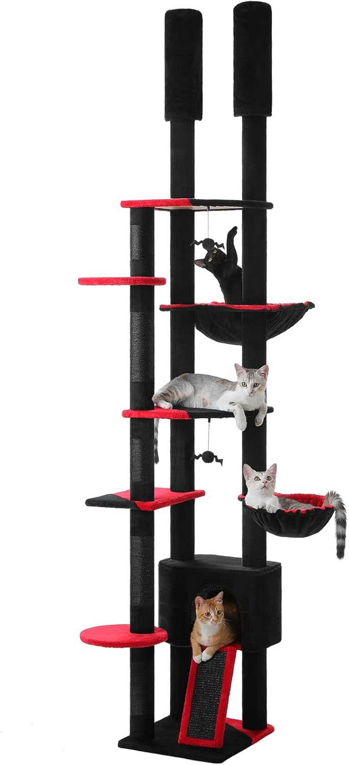 PEQULTI Tall Cat Tree, Floor to Ceiling Cat Tree Tower Adjustable [90.5''-100.4''=230-252CM] with Cat Condo, Hammock and Scratching Post, Gothic Cat Climbing Tree for Indoor Large Cats, Black