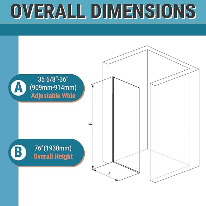 Sunrosa 36"×76" Shower Glass Panel, 8mm Thick Shower Screen, Brushed Nickel