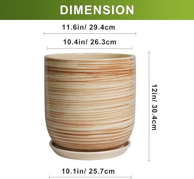 12 Inch Pots for Plants - Ceramic Planters for Indoor Plants, Large Planter Pot for Home Garden Patio Office with Drainage Hole Cylinder Flower Pot Yellow