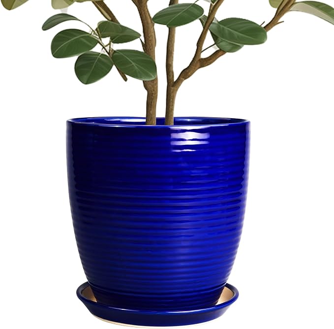 Ceramic Planter Pot - 10 Inch Plant Pot Indoor with Drainage Hole and Saucer Round Planter Large Modern Decorative Flower Pot Outdoor Garden Pot Blue