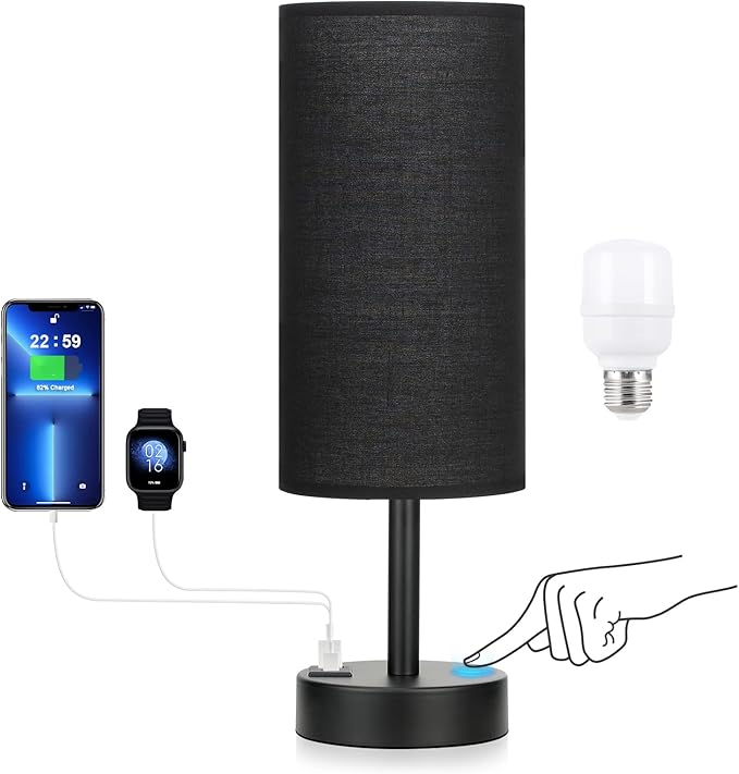 Black Touch Nightstand Lamps for Girl - Small Bedside Lamp with USB-C and USB Charging Ports, 3 Way Dimmable Control Table Lamp for Living Room Office, Dorm, Reading with Fabric Shade Black Base