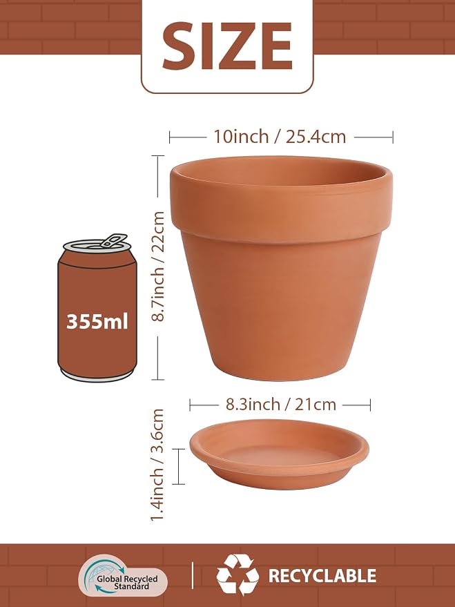 INGOFIN Terracotta Pot with Saucer - 10 Inch Ceramic Clay Pot for Plants with Drainage Hole, Large Terra Cotta Flower Planter with Tray for Indoor Outdoor Plants