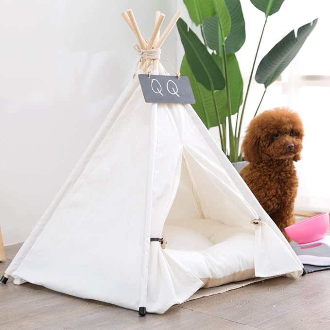 Dog Teepee Bed Cat Tent Portable Houses Pet Puppy with Thick Cushion (L:Size fits 15kg/33lbs (Pets)) | (White, L:Size fits 15kg/33lbs (Pets))