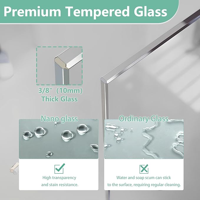 35"x74" Semi-Framed Shower Screen, Single Fixed Shower Glass Panel