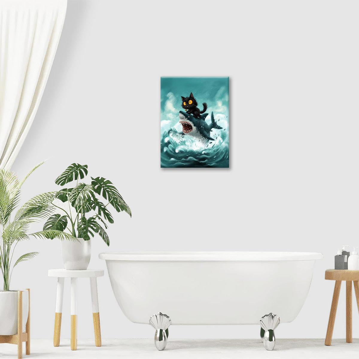 Funny Black Cat Bathroom Wall Art Cute Cat Riding Shark Canvas Wall Decor Animal Kitten Pictures Painting Print Artwork Framed Decorations Gifts for Cat Lover Kids Room Bedroom 24"x20"
