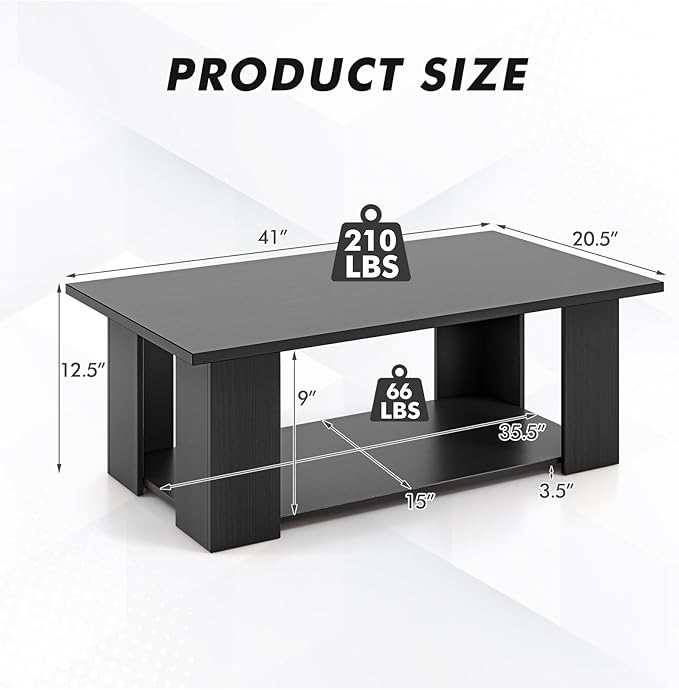 Tangkula 2-Tier Coffee Table, Modern Rectangular Center Cocktail Table with 5 Support Legs, Wooden Accent Living Room Furniture, Small Coffee Table for Small Spaces, Easy Assembly (Black)