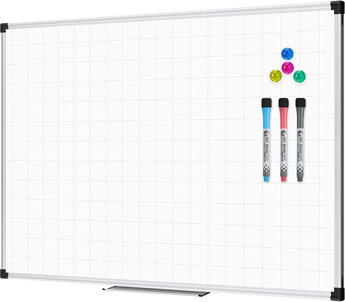 XBoard Magnetic Dry Erase Board with Lines 48 x 36 Inch, 4' x 3' Double Sided Hanging White Board Planner for Wall | Grid Lined White Board + Message Presentation Board