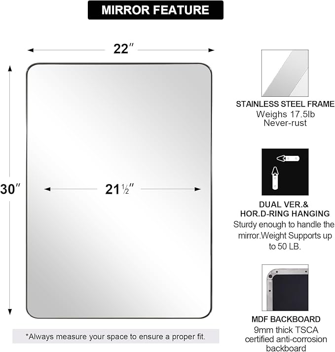 ANDY STAR Chrome Mirror for Bathroom, Rectangular Stainless Steel Rounded