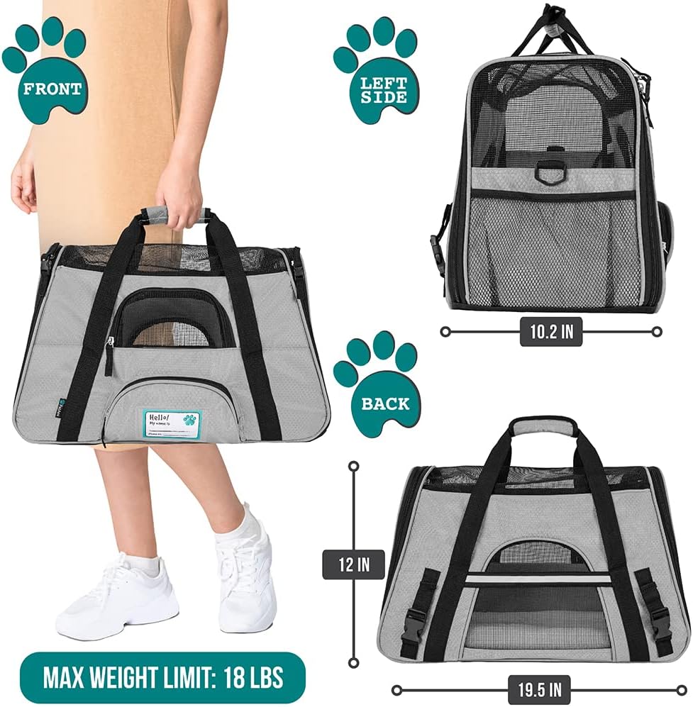 PetAmi Airline Approved Pet Carrier for Cat, Soft Sided Dog Carrier for Small Dogs, Cat Travel Supplies Accessories for Indoor Cats, Ventilated Pet Carrying Bag Medium Large Kitten Puppy, Large Gray