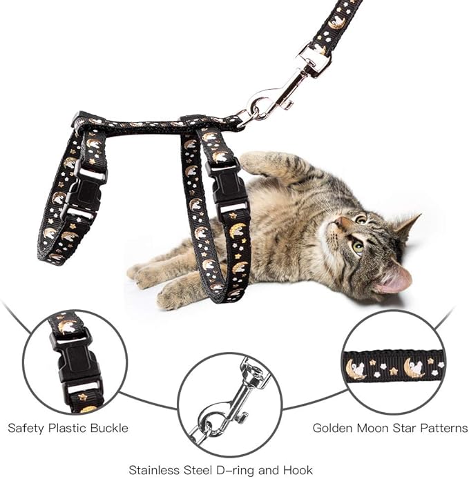 Cat Harness and Leash Set Gold Moons Stars Soft Nylon Escape Proof Adjustable for Kittens Small Animals Glow in The Dark (Black)