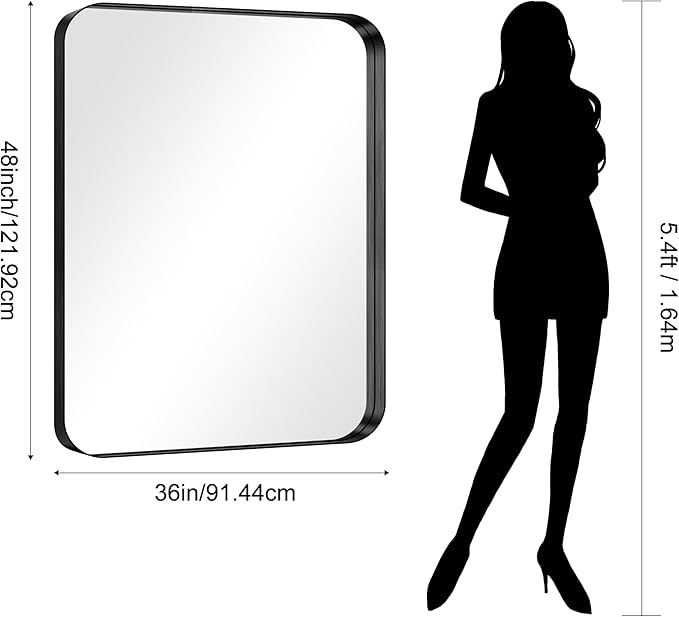 CIRCUMI Black Bathroom Mirror, Rounded Corner, Tempered Glass, Large Mirror