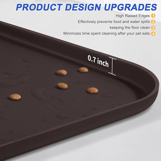 SMILOOL Waterproof Silicone Pet Food Mat with Raised Edge for Dog & Cat | 19" x 12" Non-Slip Pet Feeding Mats with Lip for Food & Water Bowl, Food Grade, Easy Cleaning, Dark Brown