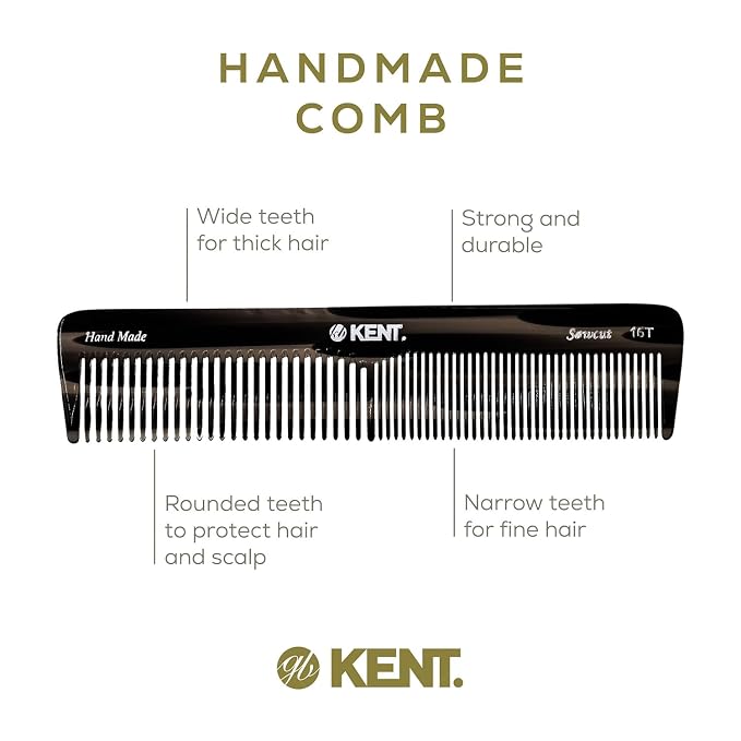 Kent 16T Black Graphite Fine and Wide Tooth for Daily Grooming, Handmade Styling Comb for All Hair Types, Wet or Dry Hair Detangling Comb for Men and Women, Saw Cut Hand Polished, Made in England