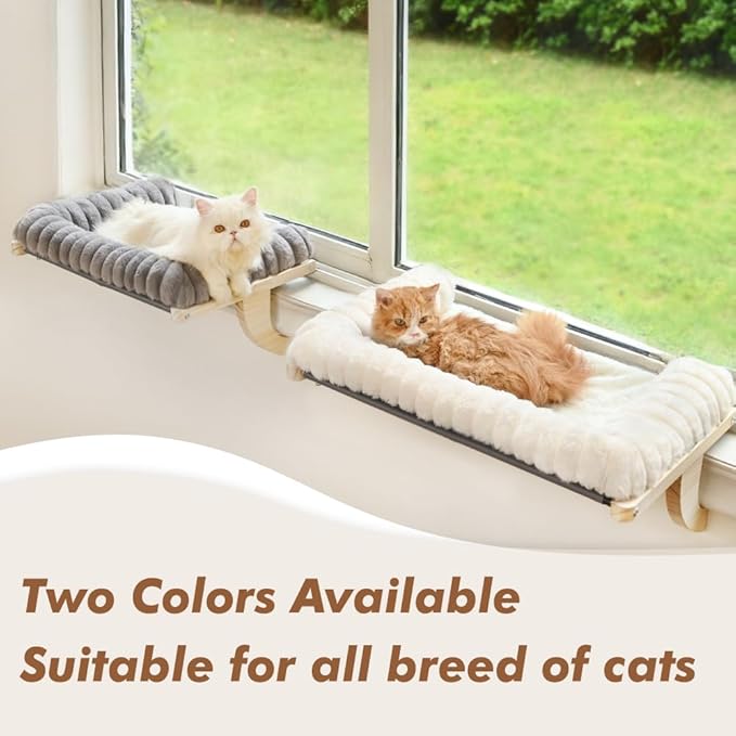 Cloud-Soft Cat Window Sill Perch with Zipper Designed Cushioned Bed, Supportive Cat Window Seat with Premium Solid Wood & Sturdy Metal Frame, Pet Hammock Bed for Large Cats (Medium, White)