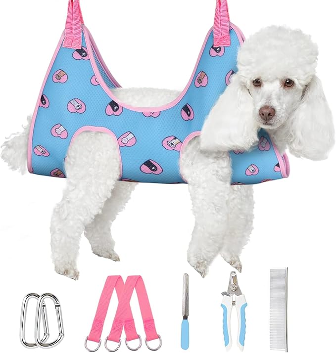 Supet Dog Grooming Hammock Harness for Dogs Cats, Relaxation Pet Nail Clipper Hammock, Restraint Dog & Small Animal Leashes Sling for Groomingk for Nail Trimming (Blue-Love, S)